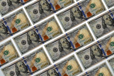 Düzgünce düzenlenmiş yüz dolarlık banknotlar.