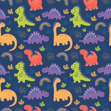 Şirin yeşil, turuncu dinozor Rex desenli. Vektör illüstrasyonu