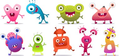 Sevimli çizgi film Canavar renkli vektör gözler, dişler, arka plan.