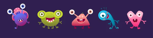 Cute Vector Set Cartoon Monster Colorful Eyes Tongue Tooth Fang — Vetor de Stock