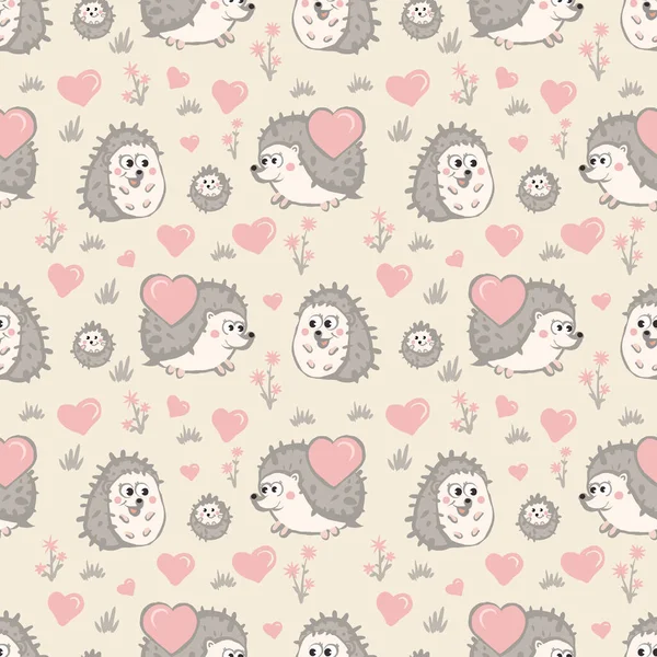 Pattern Cute Hedgehog Family Celebrate Valentines Day Baby Hedgehog — Vetor de Stock