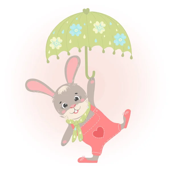 Lapin Mignon Avec Parapluie Vert Réjouit Printemps Soleil Illustration Vectorielle — Image vectorielle