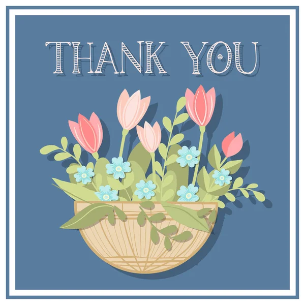 Thank you card with flowers tulips, forget-me-nots in a flowerpot on a blue background vector