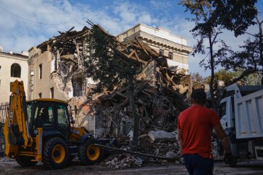 Kharkiv, Ukraine. August 29, 2022. administrative building was ruined at night by a russian Iskander ballistic missile.