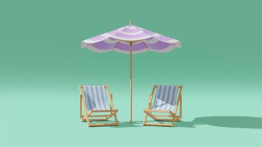 3D Hazırlama İki Güverte Başkanı ve Plaj Şemsiyesi En Düşük Konsept Yaz Teması