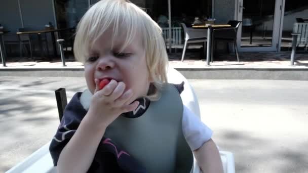 Маленький Мальчик Жадно Ест Здоровую Пищу Кафе Высококачественные Кадры — стоковое видео