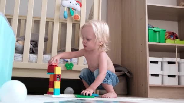 Χαριτωμένο Αγόρι Χτίζει Από Κατασκευαστή Υψηλής Ποιότητας Πλάνα — Αρχείο Βίντεο