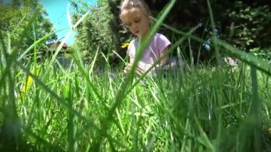 Küçük bir kız çimenlerde oturur ve bir çiçeğe bakar. Yüksek kalite 4k görüntü