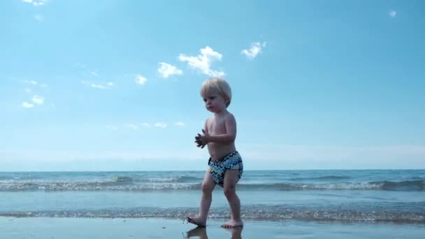 Μικρό Χαριτωμένο Αγόρι Τρέχει Κατά Μήκος Της Παραλίας Υψηλής Ποιότητας — Αρχείο Βίντεο