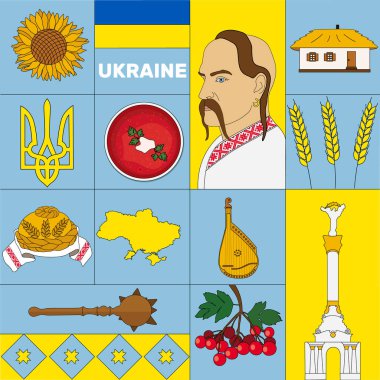 Ukrayna - Broşür Vektör Tasarımı 'na hoş geldiniz. Ukrayna' nın el çizimi ulusal sembolleri. Ayçiçeği, buğday, bandura, Kazak, borş, kulübe, viburnum, gürz, Kyiv, somun, bayrak, arma, harita