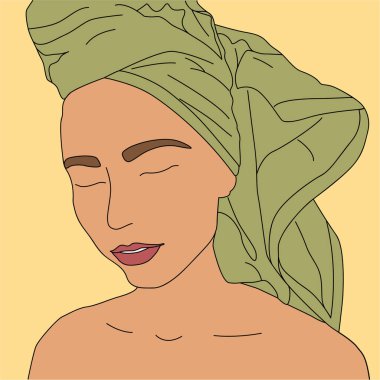 Başında havlu olan genç bir kadın. Güzellik salonu illüstrasyonu. Kişisel bakım konsepti. Kadın yüz derisi için kozmetik spa ameliyatı yapıyor. Sabah rutini. Banyo zamanı.. 