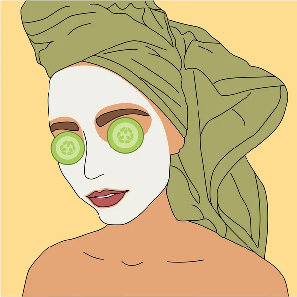 Başında havlu olan genç bir kadın. Güzellik salonu illüstrasyonu. Kişisel bakım konsepti. Kadın yüz derisi için kozmetik spa ameliyatı yapıyor. Sabah rutini. Banyo zamanı.. 