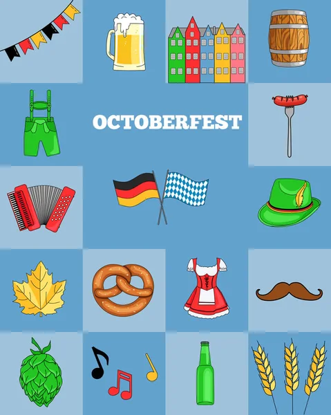 Oktoberfest Beer Festival Set Beer Mug Sausage Tyrolean Hat Pretzel — стоковый вектор