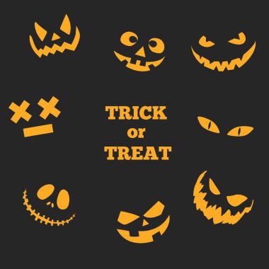 Scary and funny faces of Halloween pumpkin or ghost . Vector collection. Emotions of pumpkins on a black background. Spooky and fun happy halloween event mockup design. 