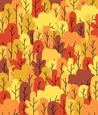 Poster hello autumn. Autumn forest. Nature, park, hills and fields,  landscape with trees and plants, sky with clouds and falling leaves. Vector illustration.