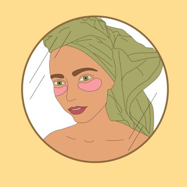  Young woman with a towel on her head. Pink eye patches. Spa beauty salon illustration. Mirror. Woman doing beauty spa treatments for facial skin. Morning routine.