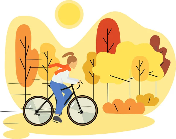 Poster Hello Autumn Girl Bike Walk Autumn Nature Park Hills — ストックベクタ