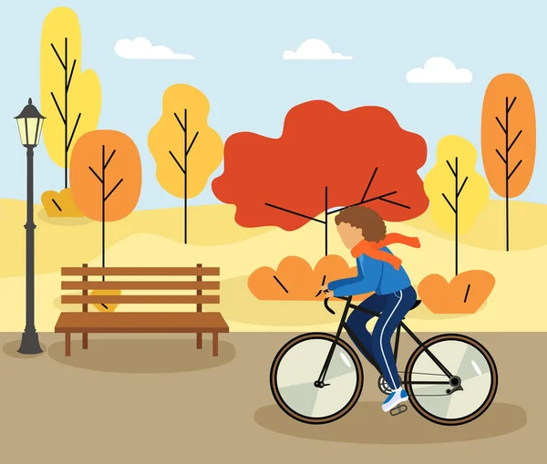 Poster Hello Autumn Girl Bike Walk Autumn Nature Park Hills — Vector de stock