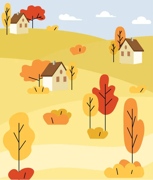 Poster Hello Autumn Autumn Landscape Village Nature Park Hills Fields — ストックベクタ