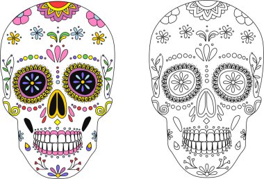 Coloring book. Day of the dead, Dia de los moertos, banner with colorful Mexican flowers. Vector skeleton skull in sombrero. Smiling sugar festive skull. Fiesta, holiday poster, party flyer, funny gre