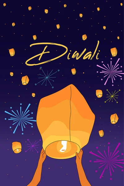 Happy Diwali Celebration Urban Background Holding Sky Lanterns Illuminated Oil — Stock Vector