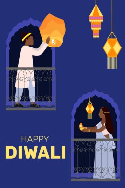 Happy Diwali celebration city background Sky lanterns. Illuminated oil lamps (Diya) in hands. Man and woman on the balcony in traditional dress. Sari.