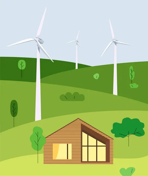 Wind Farms Field Supply Energy House Green Energy Wind Turbines — Stockvector