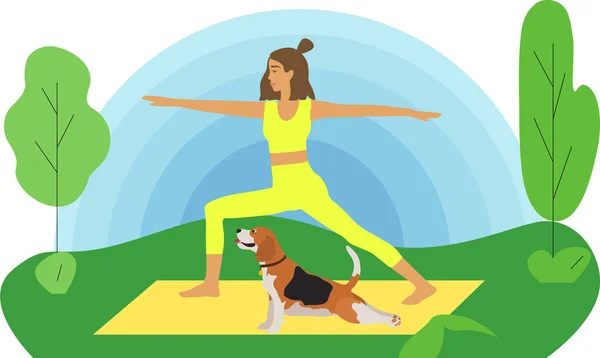 A young cute girl with a dog is doing yoga in the park. Happy pet owner. Flat vector illustration. Charming beagle. Active recreation concept. Dog is man\'s best friend. outdoor sports