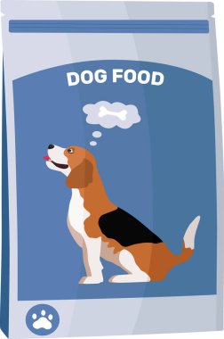 domestic dog food, bag package and cardboard box. Full bone shaped dry food bowl.  Flat style vector illustration isolated on white background. Dog food package design with beagle. Pet food. 