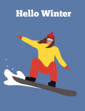 Karlı dağ yamaçlarında snowboardcu. Kış kıyafetleri içinde bir kız kayaktan atlayıp kayıyor. Spor aktivitesi açık havada. Kış aktiviteleri. Renkli düz vektör illüstrasyonu