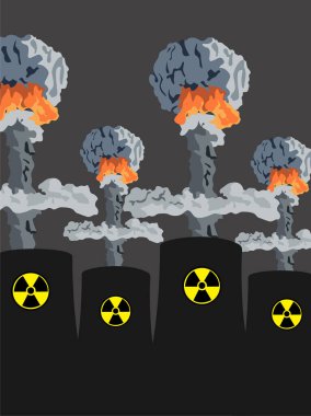 Nükleer patlama. Nükleer santralde büyük bir mantar bulutu. Atom bombası, nükleer silahlar ve küresel savaş. Radyoaktif felaket. Vektör çizimi. Savaşın sembolü, dünyanın sonu. Çekirdeği durdur