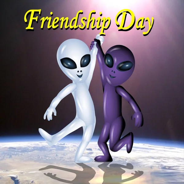 Illustration Friends Shake Hand Catoon Planet Greeting Card Design Concept — Stockfoto