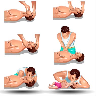 İlk yardım mağdur kişilerle izometrik set, acil bakım kiti izole vektör ilüstrasyonu - Fla kaynak dosyası mevcut - Kalp krizi tıbbi bir acil durumdur.