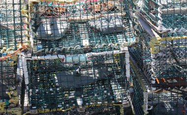 İskeleye yığılmış ıstakoz tuzakları koleksiyonu.