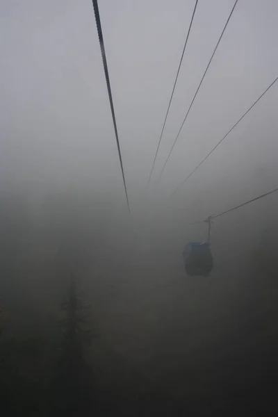 Shot Gondola Going Fog Mist Travels Mountain — Photo