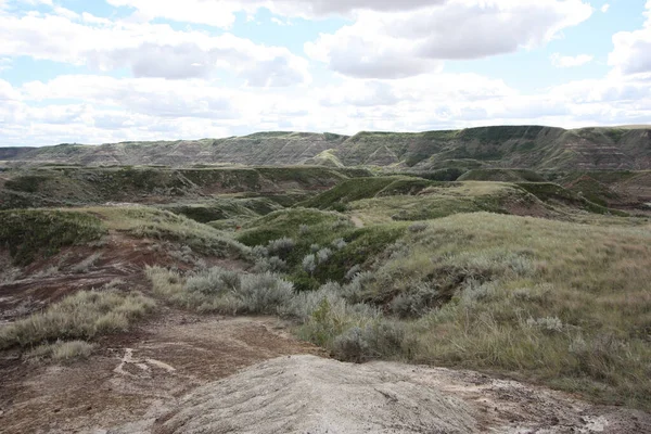 A panaramic view of a desert badlands with canyons on a cloudy day.