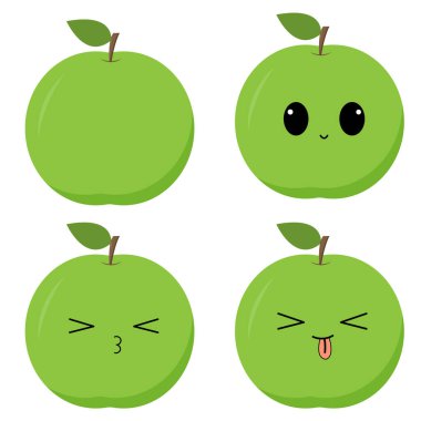 Green apple with kawaii eyes. Flat design vector illustration of green apple.