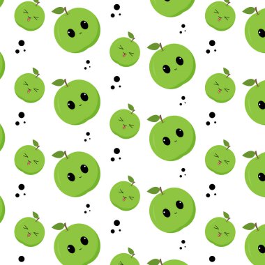 Pattern with green apples with kawaii eyes. Flat design vector illustration of green apple on white background
