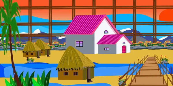 cartoon green landscapes with houses.