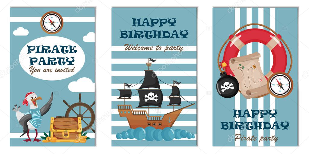 Birthday party invitations for a pirate party. Leaflets for a pirate birthday party on a blue background.