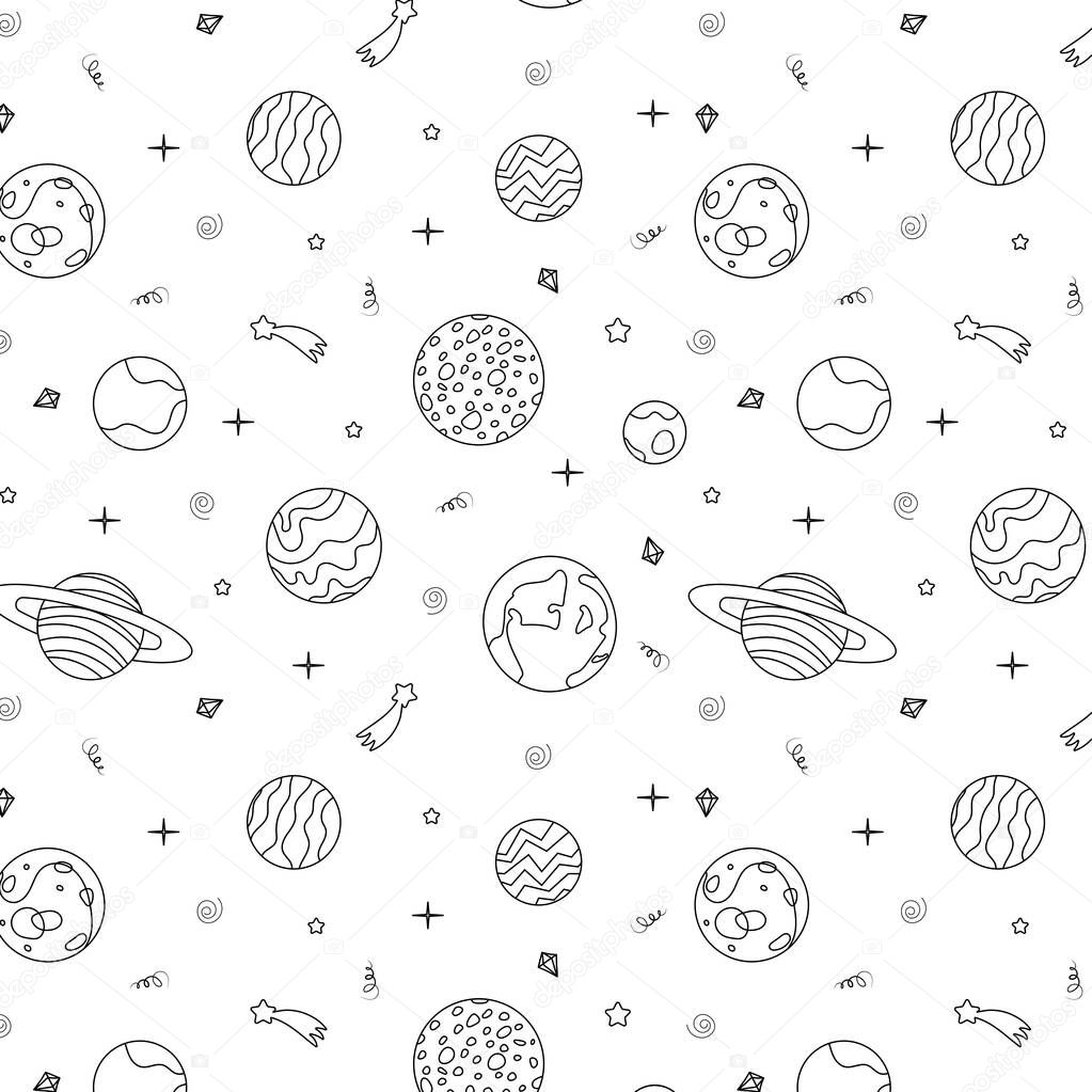 Space seamless pattern. Black and white seamless pattern with planets and stars.