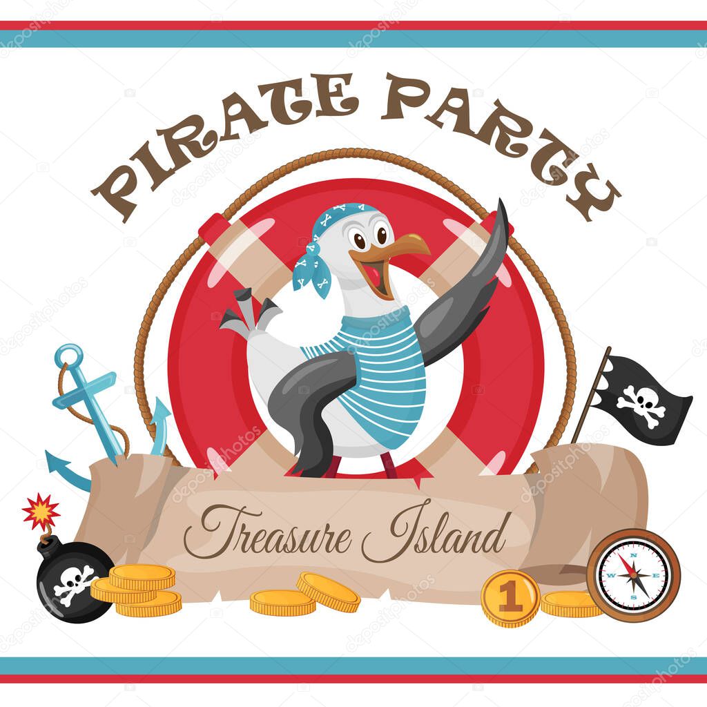 Poster with a seagull pirate for a pirate party. Use for poster, banner, flyers, brochures, illustrations, decorations.