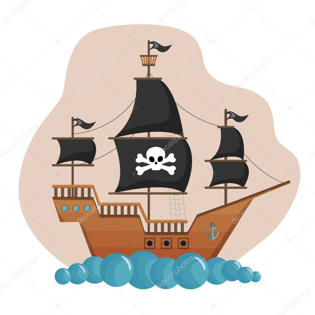 Flat vector illustration with a pirate ship. Can be used as a cover, background, picture, screen saver. For holidays and children's birthdays, quests, games.
