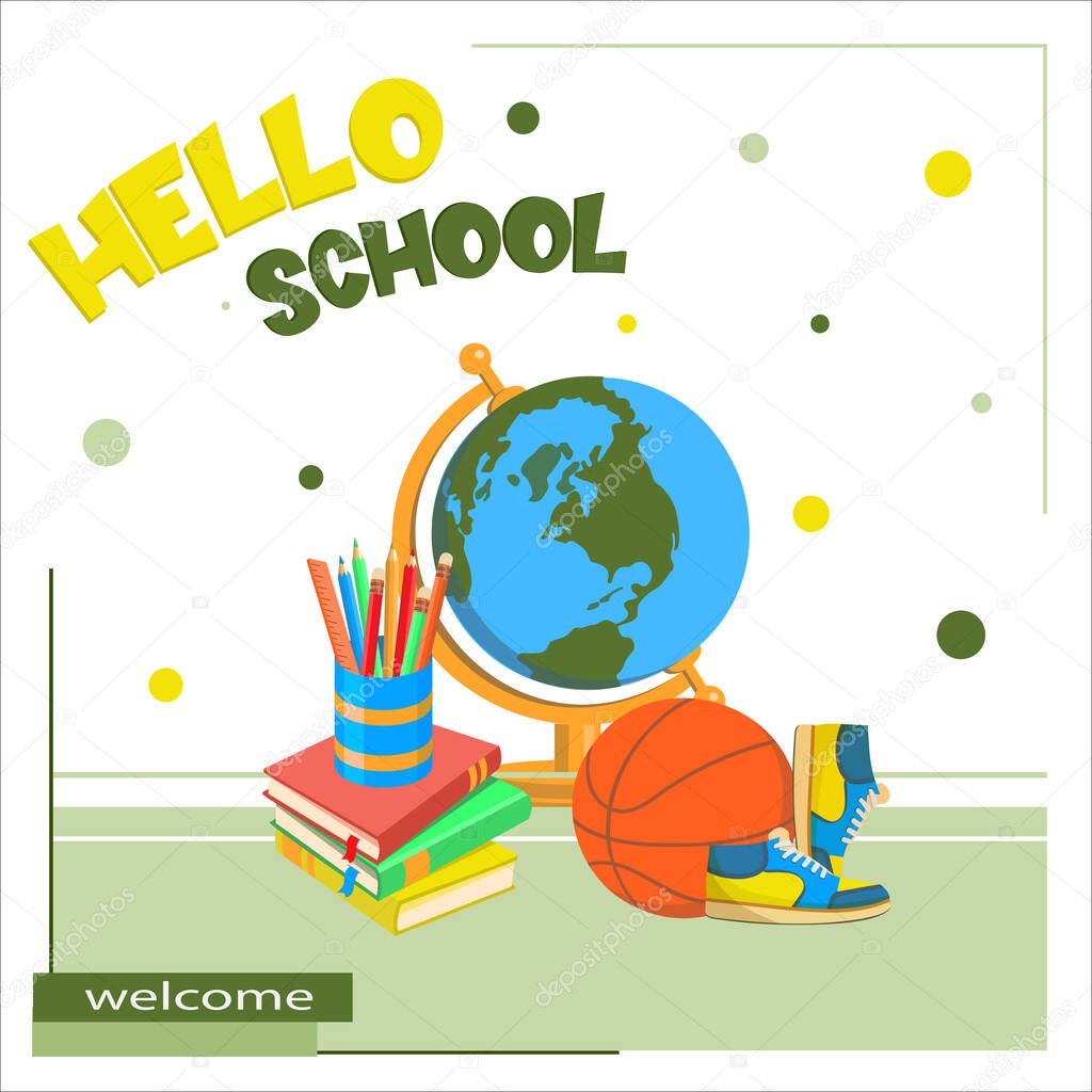 Hello School poster with school subjects in pastel colors.