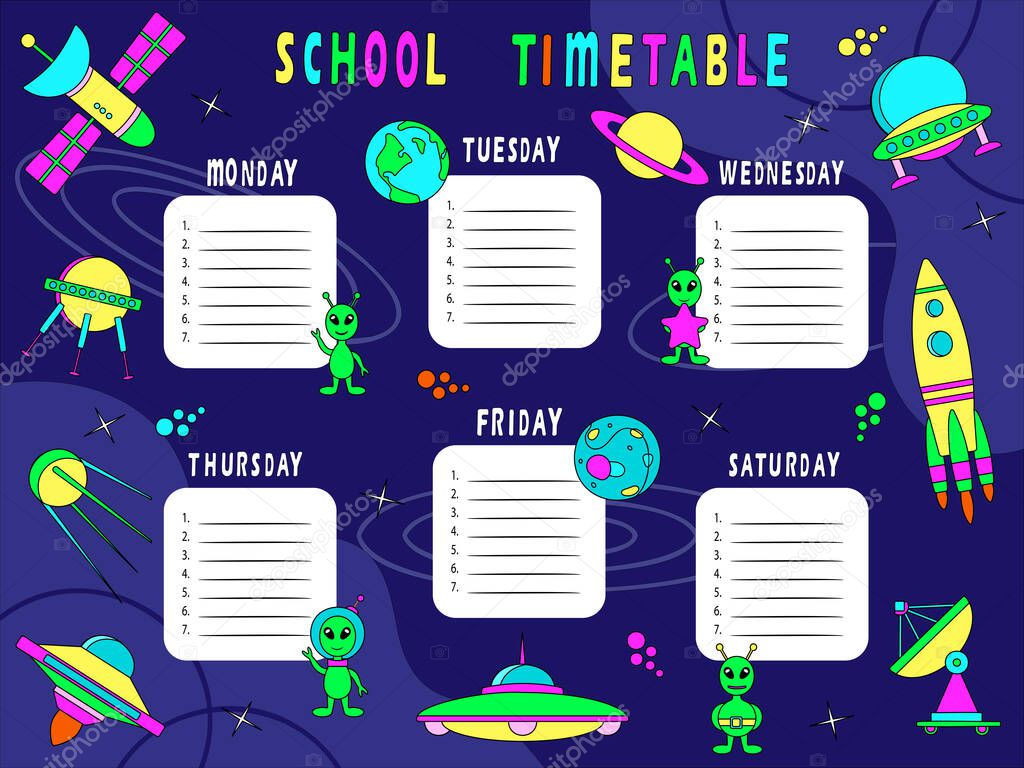 School schedule template with cartoon rockets, satellites, aliens.