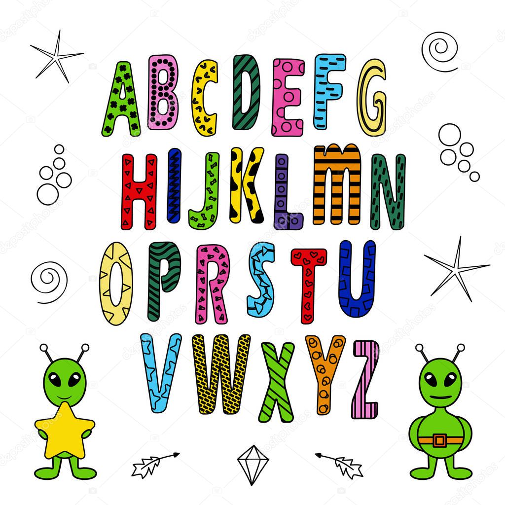 Alphabet, the alphabet is a bright set on a space theme. For books, coloring books, teaching, background, flyer, poster.