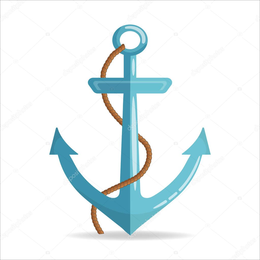 Nautical anchor with a rope. Icon isolated on white background. Flat design. Vector illustration.