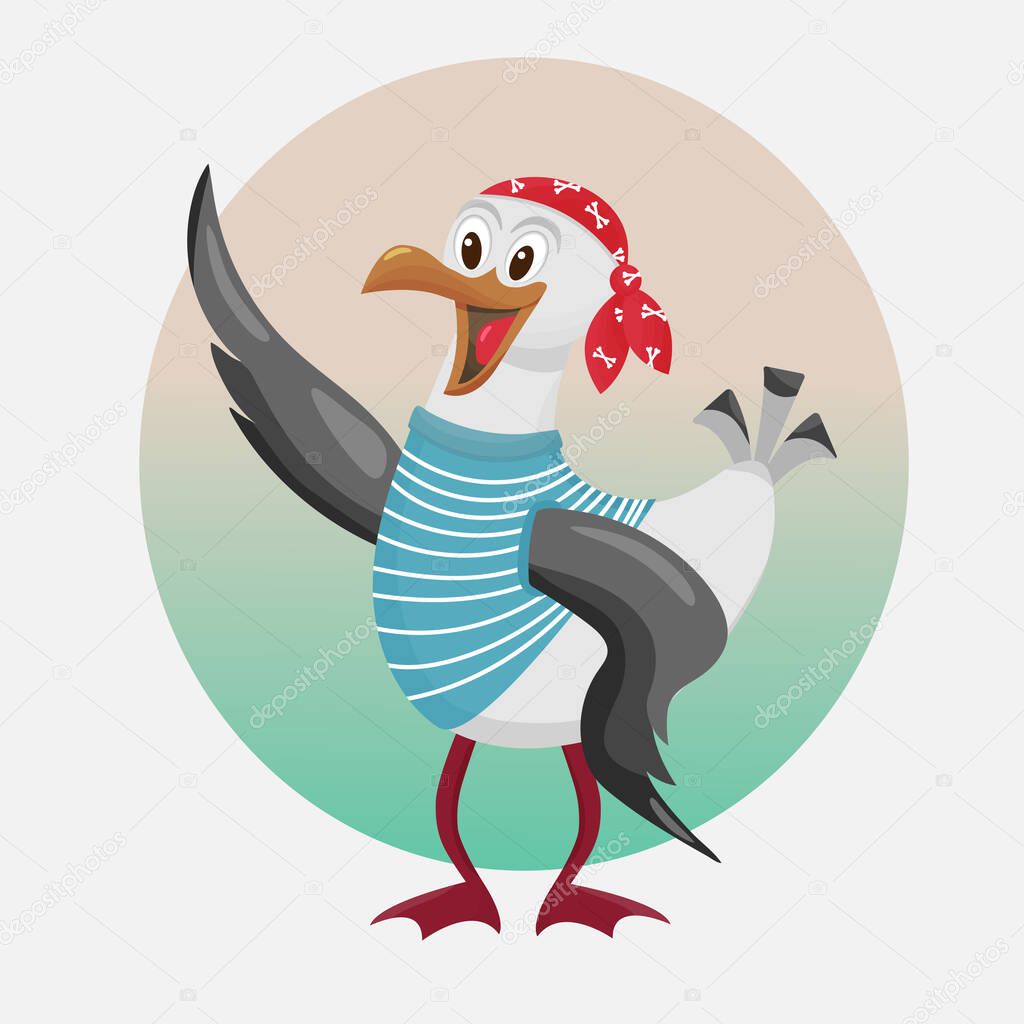 Cartoon pirate seagull in a tank top on a gradient background. Use on banner, flyer, background, illustration, website.