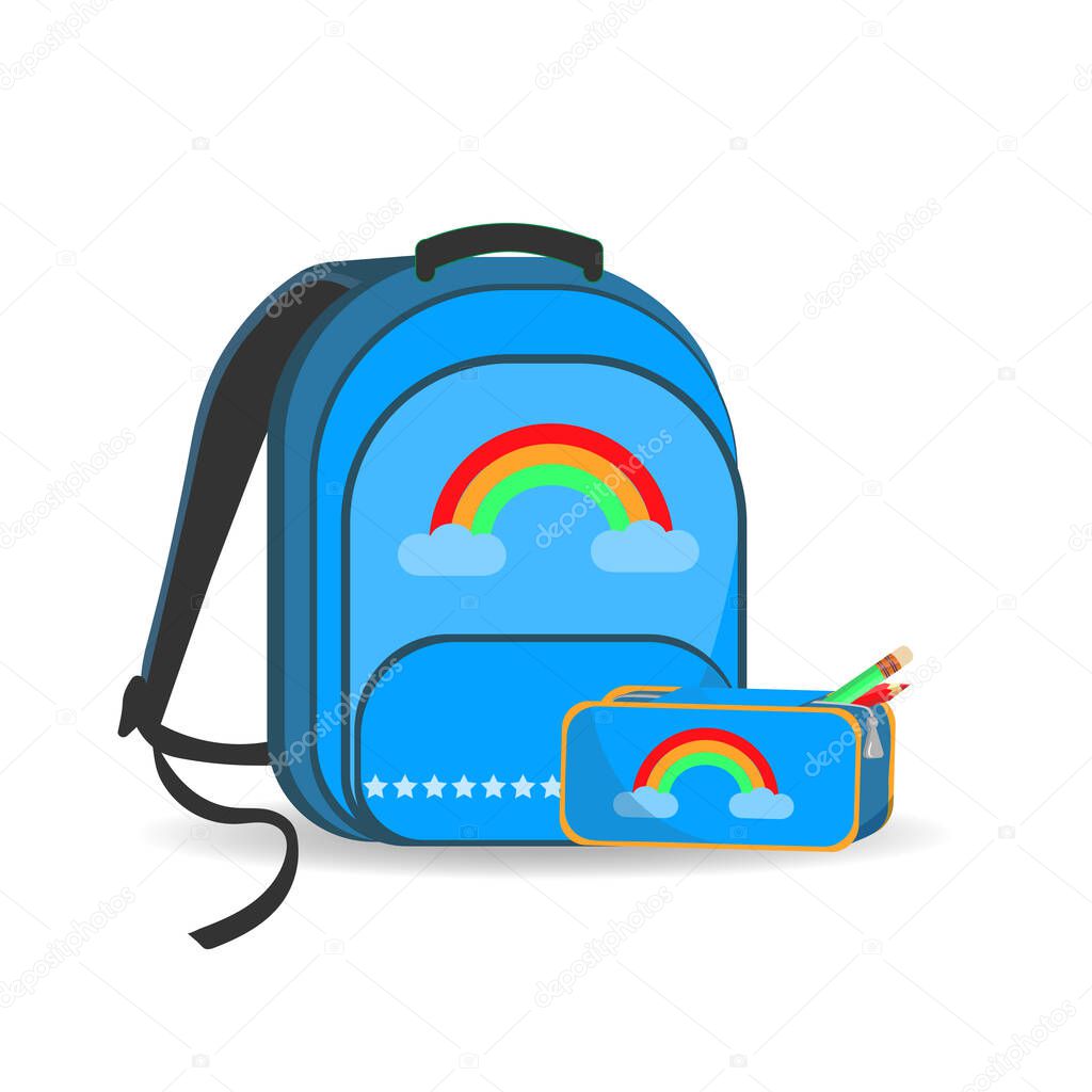 Blue school backpack with pencil case and stationery. Vector image for flyers, backgrounds, covers, stickers and web sites and pages design.