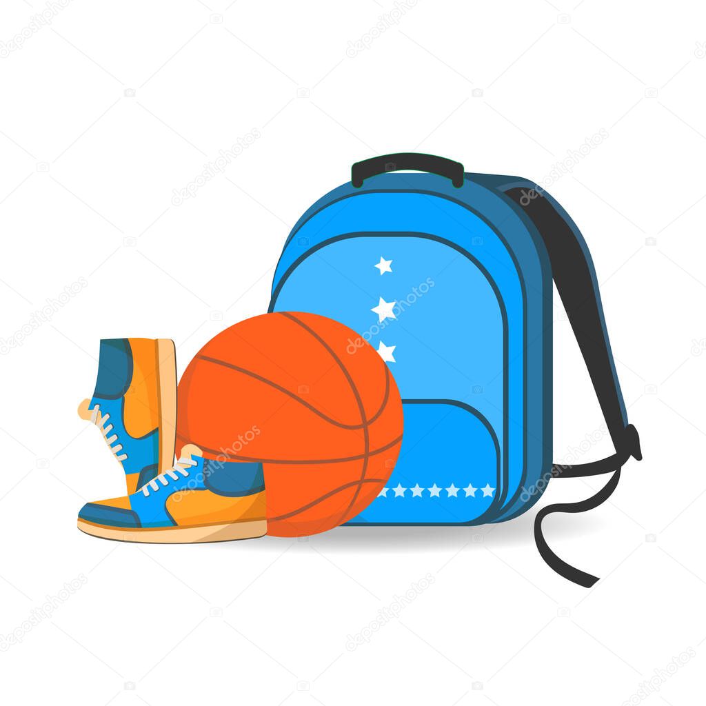 Blue sports backpack with sneakers and basketball, for stickers, backgrounds, for school flyers and websites.